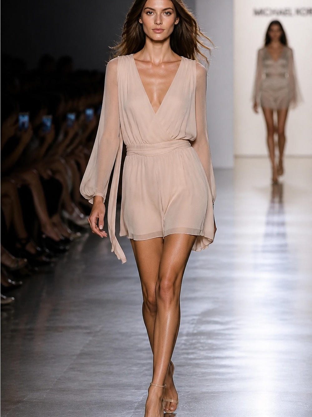 VENUS Sheer Blouson-Sleeve V-Neck Romper in Nude
